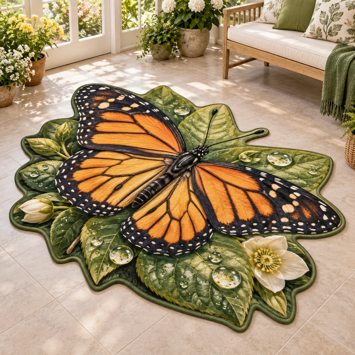 Monarch Dewdrop Leaf Shaped Rug with dimensional printed artwork in a matching indoor setting