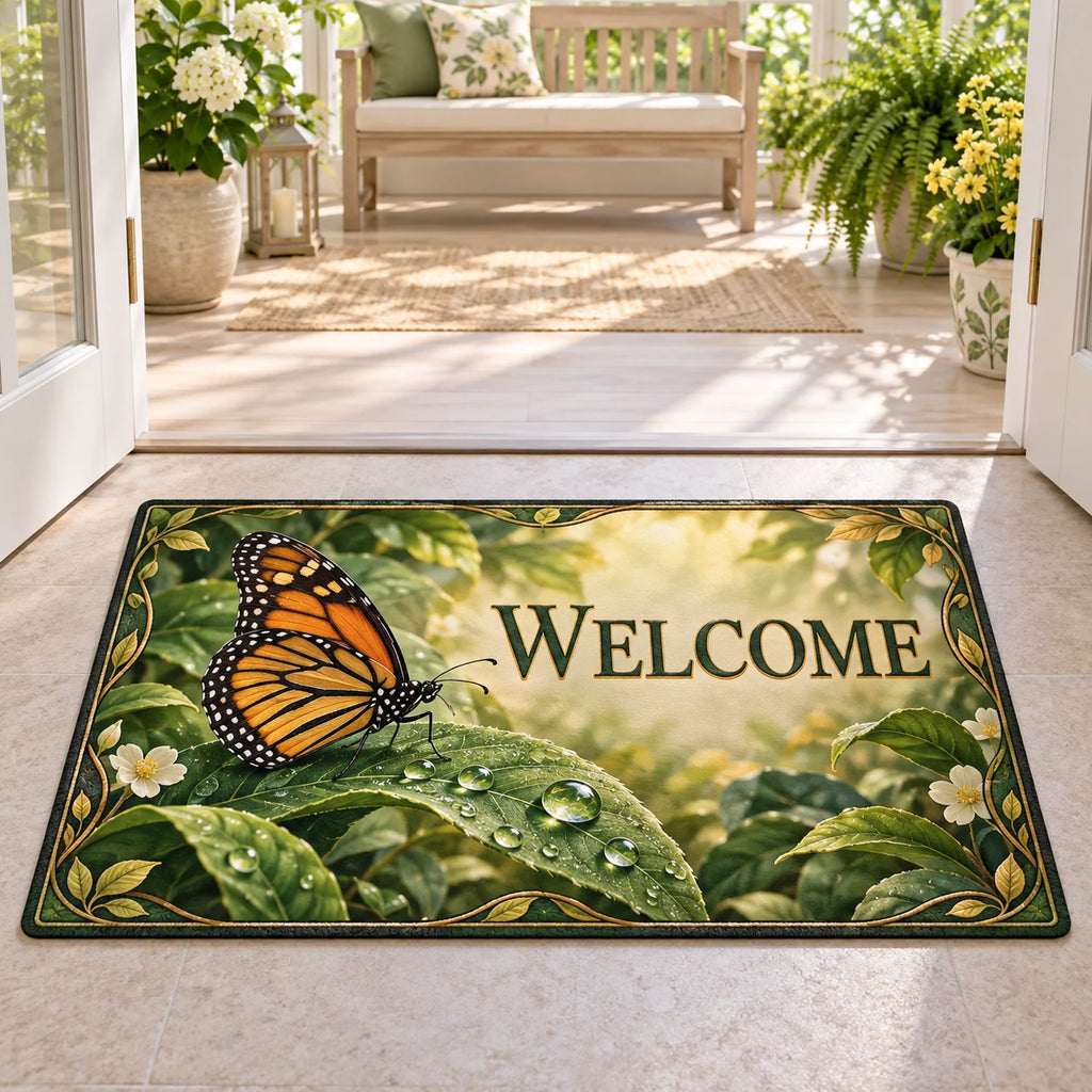 Monarch Dewdrop Leaf Doormat with dimensional printed artwork in a matching indoor setting