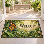Monarch Dewdrop Leaf Doormat with dimensional printed artwork in a matching indoor setting