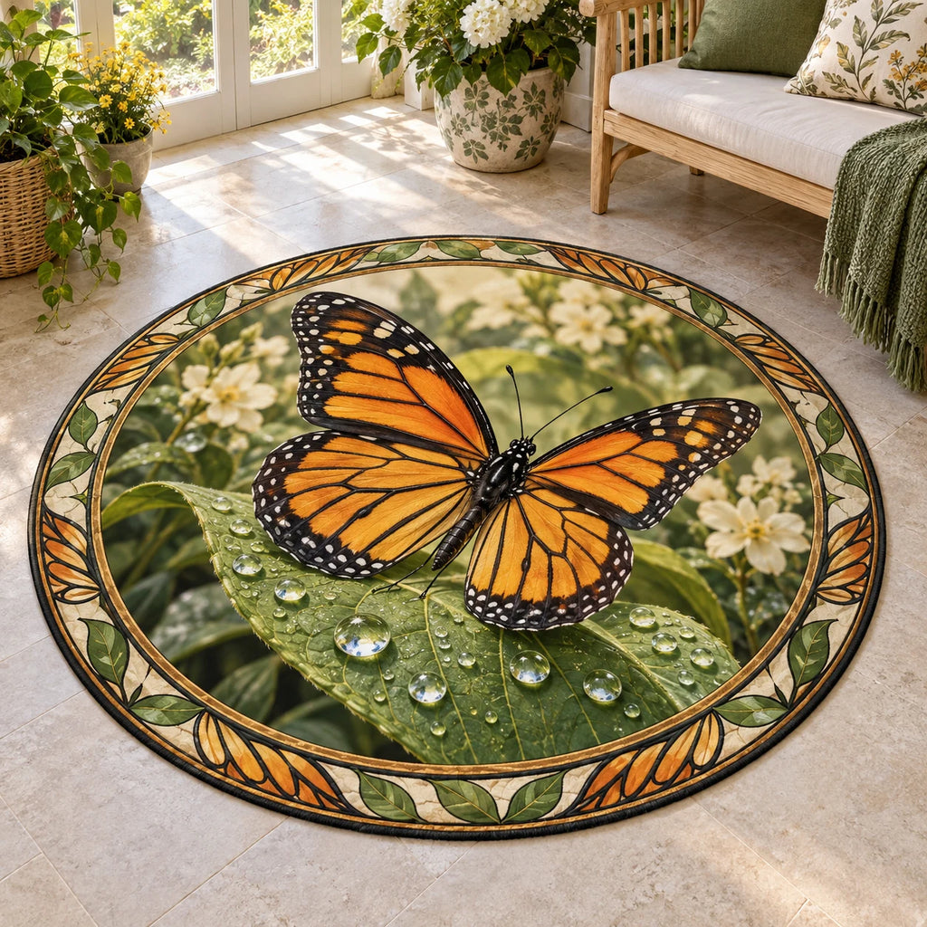 Monarch Dewdrop Leaf Round Mat Rug with dimensional printed artwork in a coordinated indoor setting