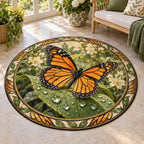 Monarch Dewdrop Leaf Round Mat Rug with dimensional printed artwork in a coordinated indoor setting