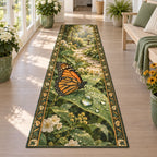 Monarch Dewdrop Leaf Runner Rug with dimensional printed artwork in a matching indoor setting