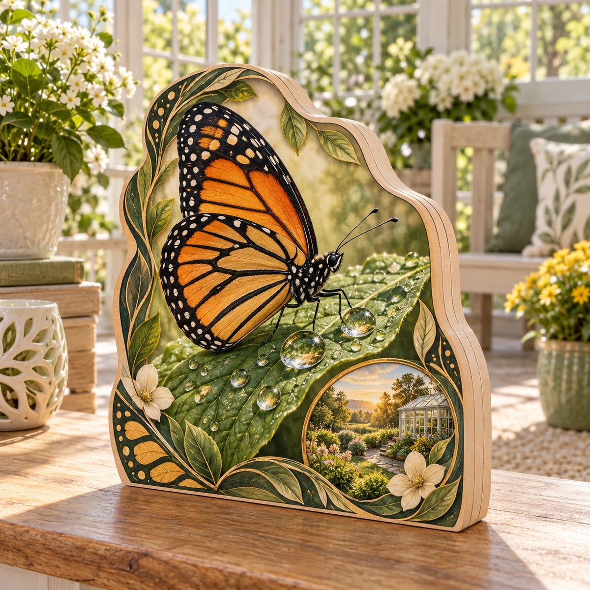 Monarch Dewdrop Leaf Wooden Block with dimensional printed artwork in a matching indoor setting