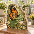 Monarch Dewdrop Leaf Wooden Block with dimensional printed artwork in a matching indoor setting