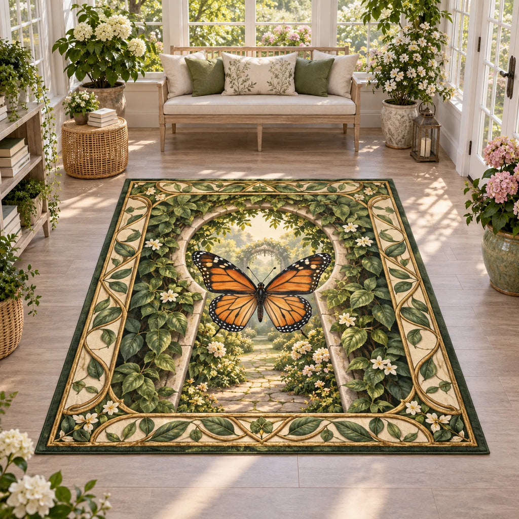 Monarch Butterfly Garden Keyhole Area Rug featuring an orange monarch butterfly before a leafy keyhole garden scene.