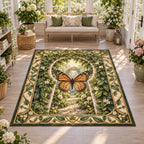 Monarch Butterfly Garden Keyhole Area Rug featuring an orange monarch butterfly before a leafy keyhole garden scene.