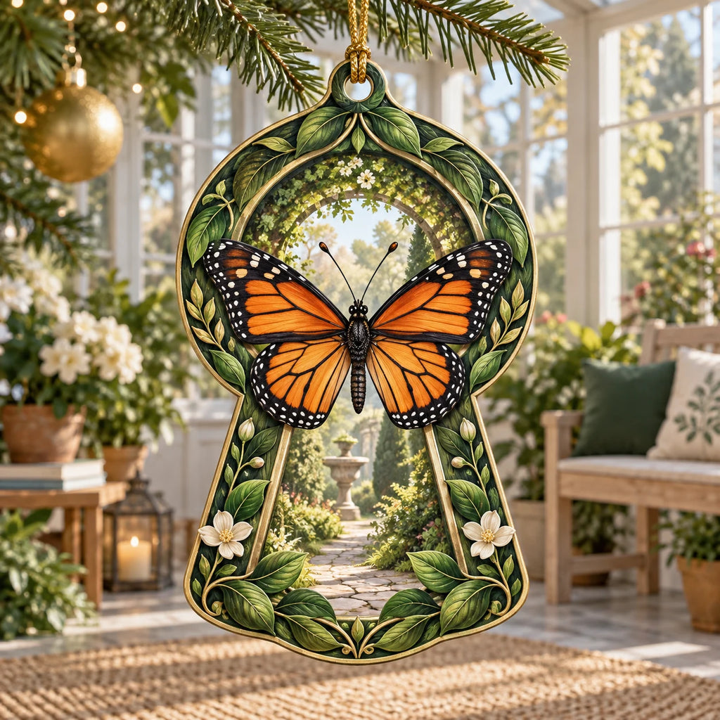 Monarch Butterfly Garden Keyhole Christmas Ornament featuring an orange monarch butterfly before a leafy keyhole garden scene.
