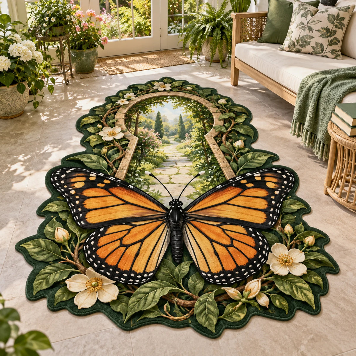 Monarch Butterfly Garden Keyhole Custom Shape Area Rug featuring a monarch butterfly before a leafy keyhole garden.