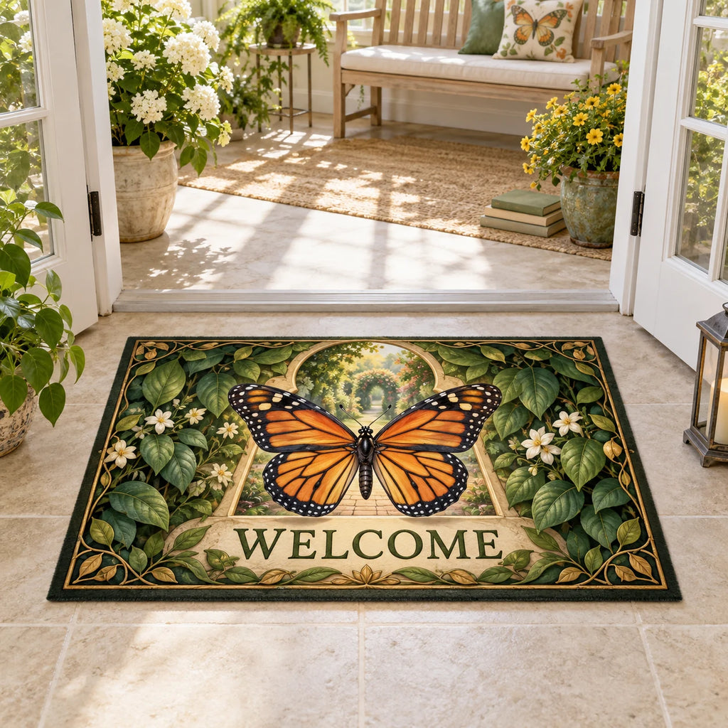Monarch Butterfly Garden Keyhole Doormat featuring a monarch butterfly before a leafy keyhole garden.