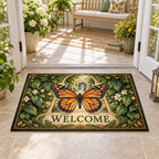 Monarch Butterfly Garden Keyhole Doormat featuring a monarch butterfly before a leafy keyhole garden.