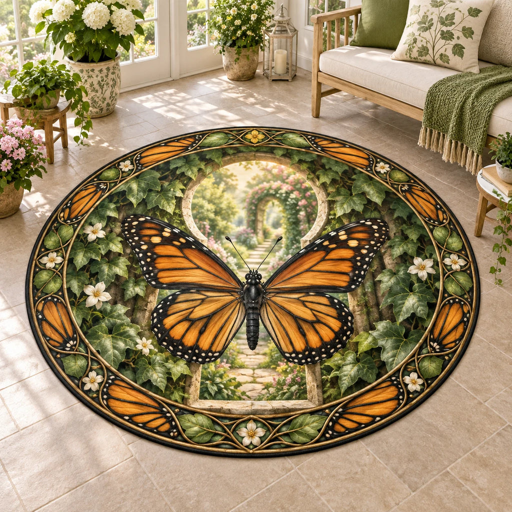 Monarch Butterfly Garden Keyhole Round Mat Rug featuring an orange monarch butterfly before a leafy keyhole garden scene.