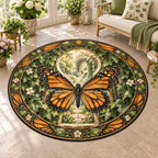 Monarch Butterfly Garden Keyhole Round Mat Rug featuring an orange monarch butterfly before a leafy keyhole garden scene.