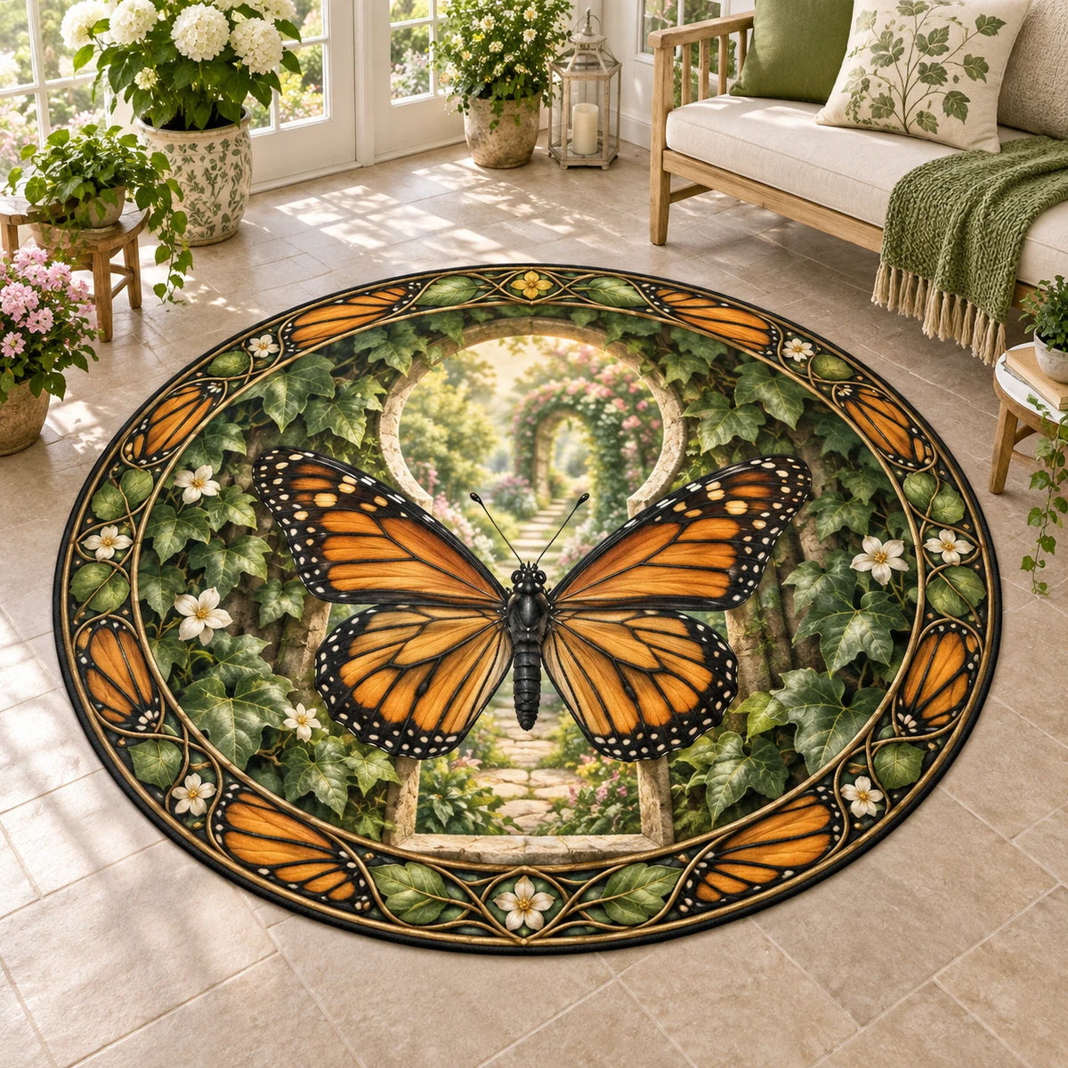 Monarch Butterfly Garden Keyhole Round Mat Rug featuring an orange monarch butterfly before a leafy keyhole garden scene.