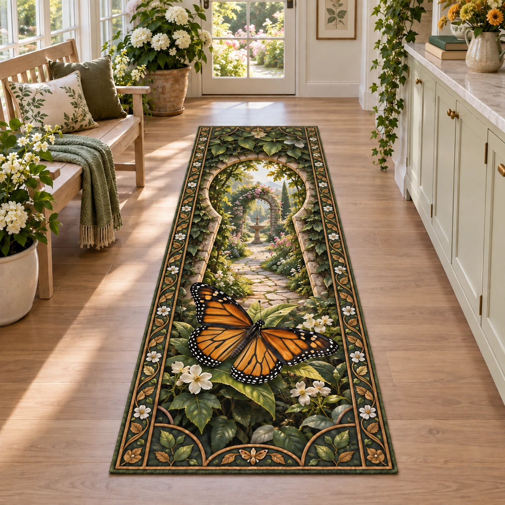 Monarch Butterfly Garden Keyhole Runner Rug featuring an orange monarch butterfly before a leafy keyhole garden scene.