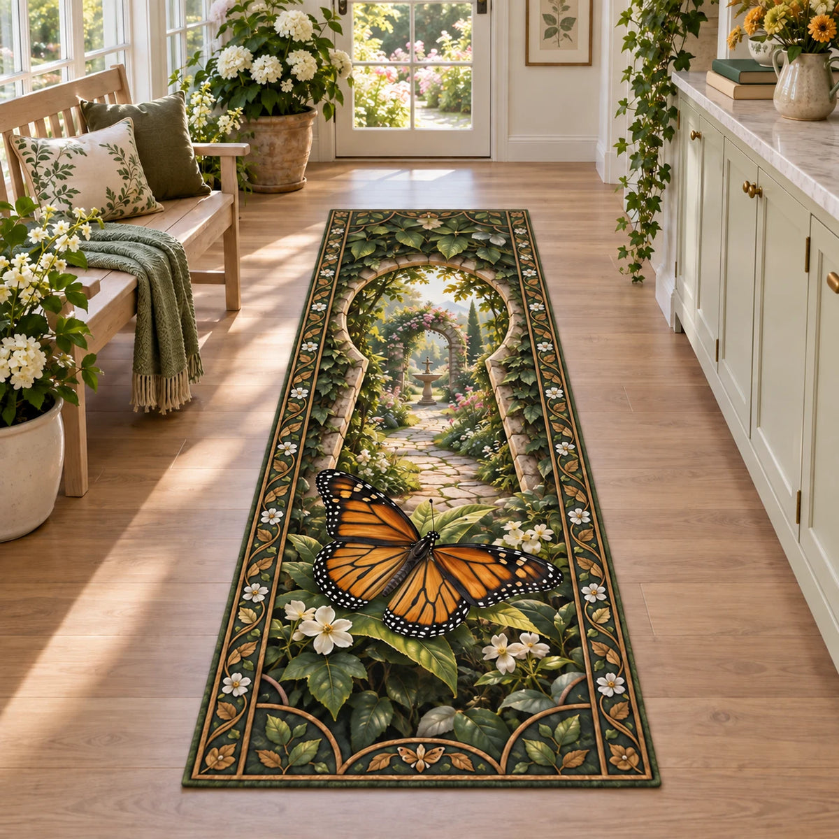 Monarch Butterfly Garden Keyhole Runner Rug featuring an orange monarch butterfly before a leafy keyhole garden scene.