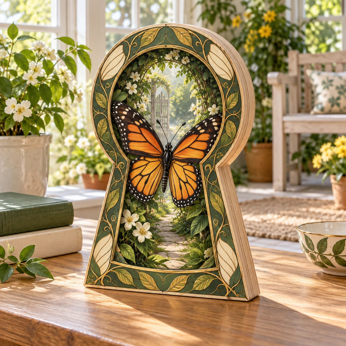 Monarch Butterfly Garden Keyhole Wooden Block 3 Layer featuring a monarch butterfly before a leafy keyhole garden.