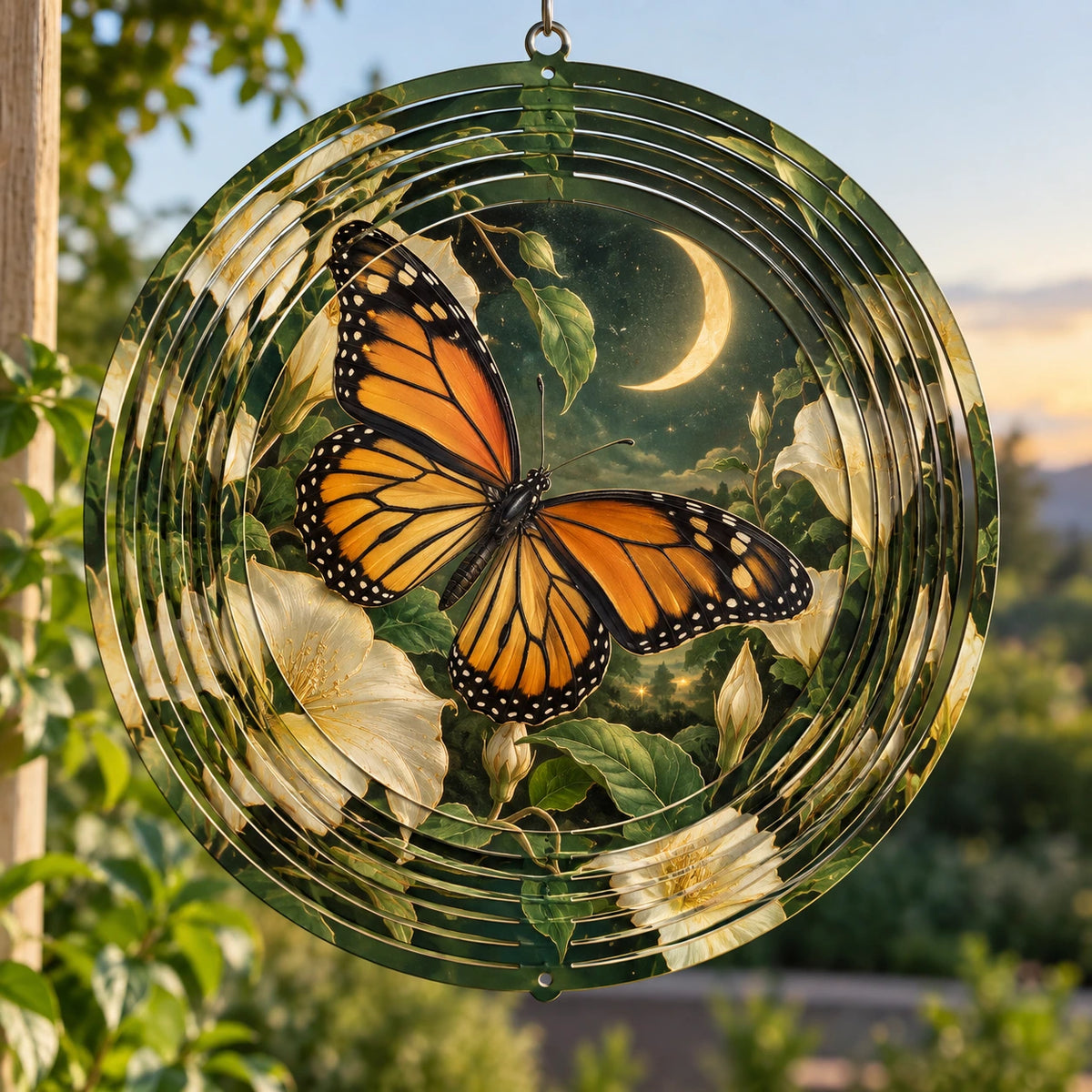 Monarch Butterfly Moonlit Blooms Wind Spinner with printed dimensional artwork