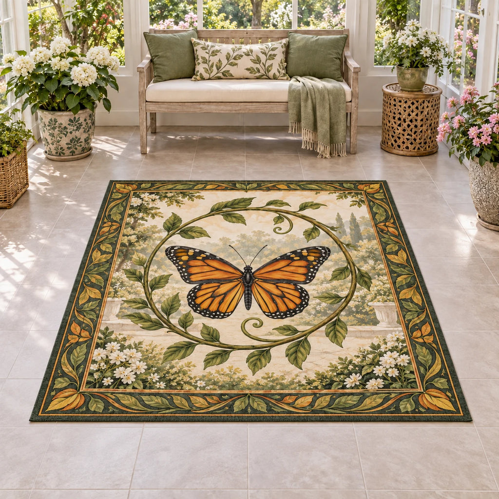 Area Rug showing a monarch butterfly with four orange-and-black wings, curling green vines and cream garden details.