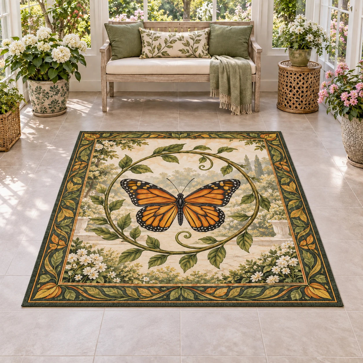 Area Rug showing a monarch butterfly with four orange-and-black wings, curling green vines and cream garden details.