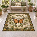 Area Rug showing a monarch butterfly with four orange-and-black wings, curling green vines and cream garden details.