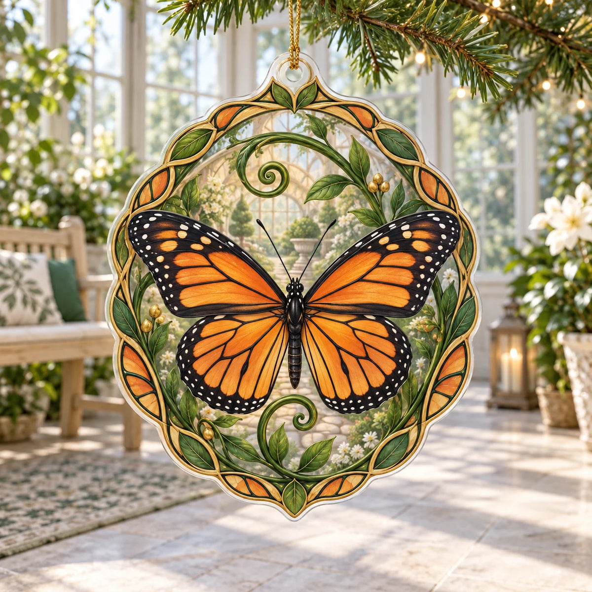 Christmas Ornament showing a monarch butterfly with four orange-and-black wings, curling green vines and cream garden details.