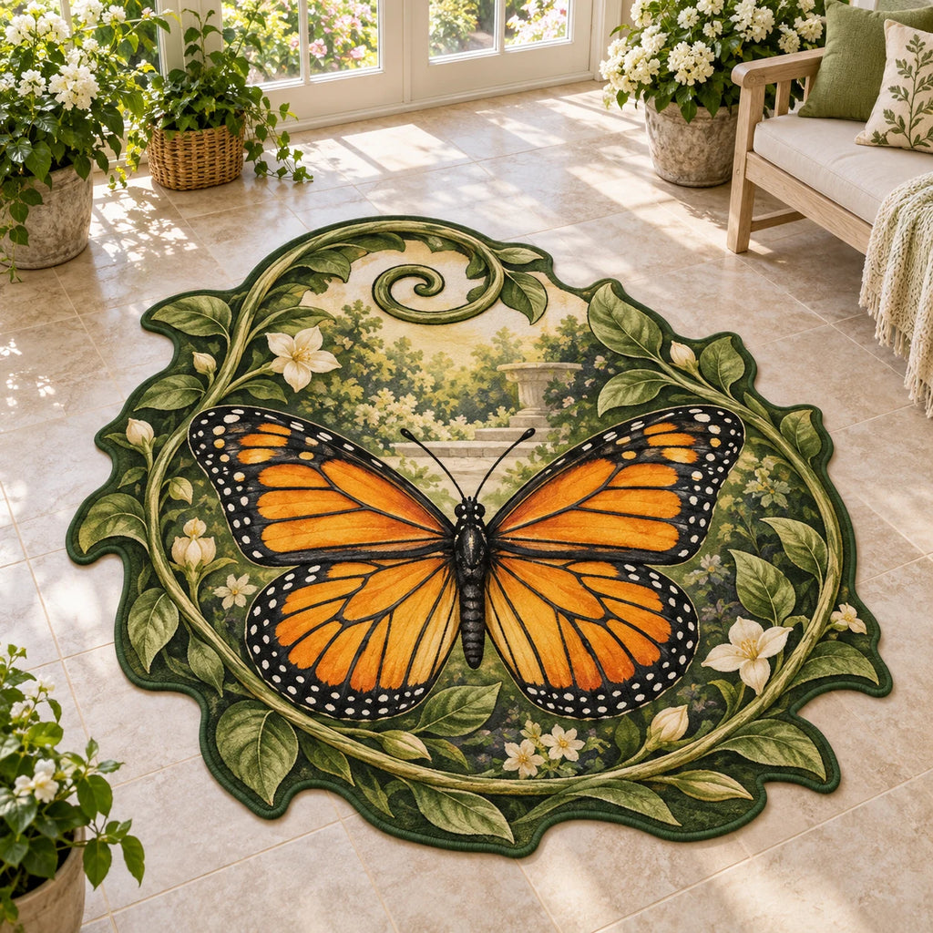Custom Shape Area Rug showing a monarch butterfly with four orange-and-black wings, curling green vines and cream garden details.