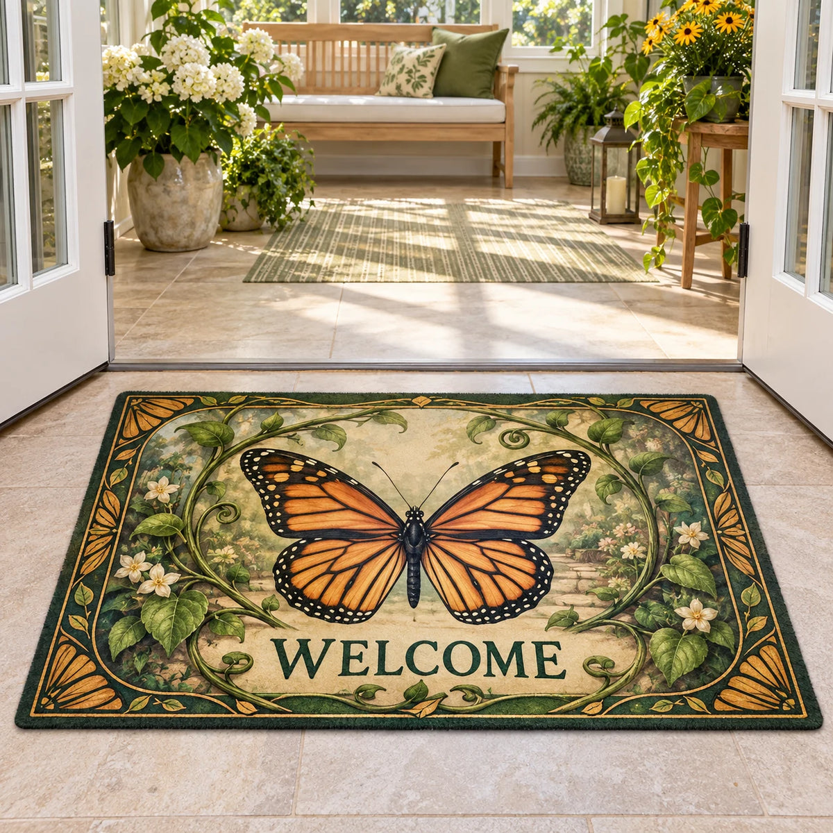 Doormat showing a monarch butterfly with four orange-and-black wings, curling green vines and cream garden details with WELCOME lettering.