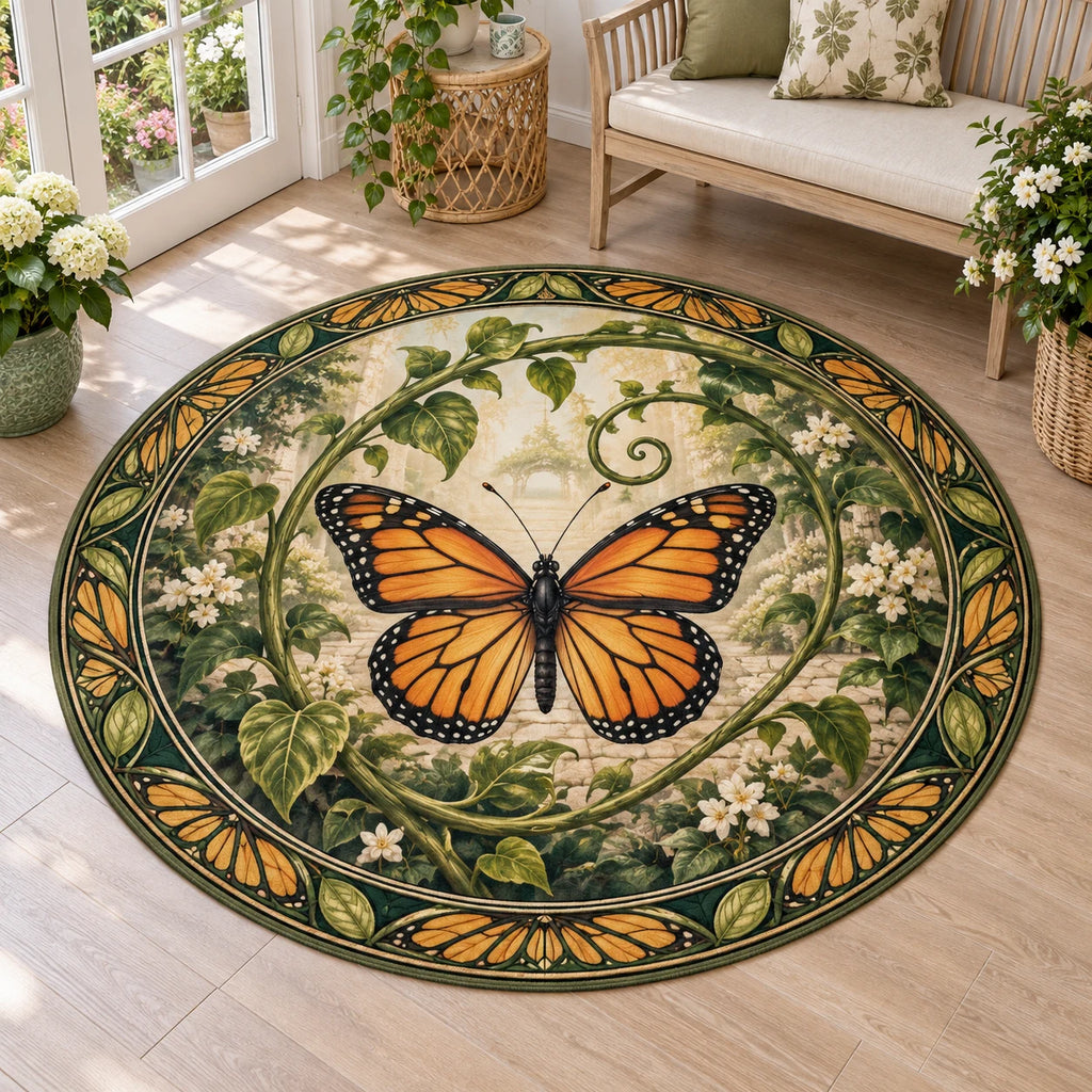 Round Mat Rug showing a monarch butterfly with four orange-and-black wings, curling green vines and cream garden details.