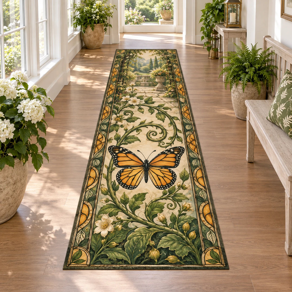 Runner Rug showing a monarch butterfly with four orange-and-black wings, curling green vines and cream garden details.