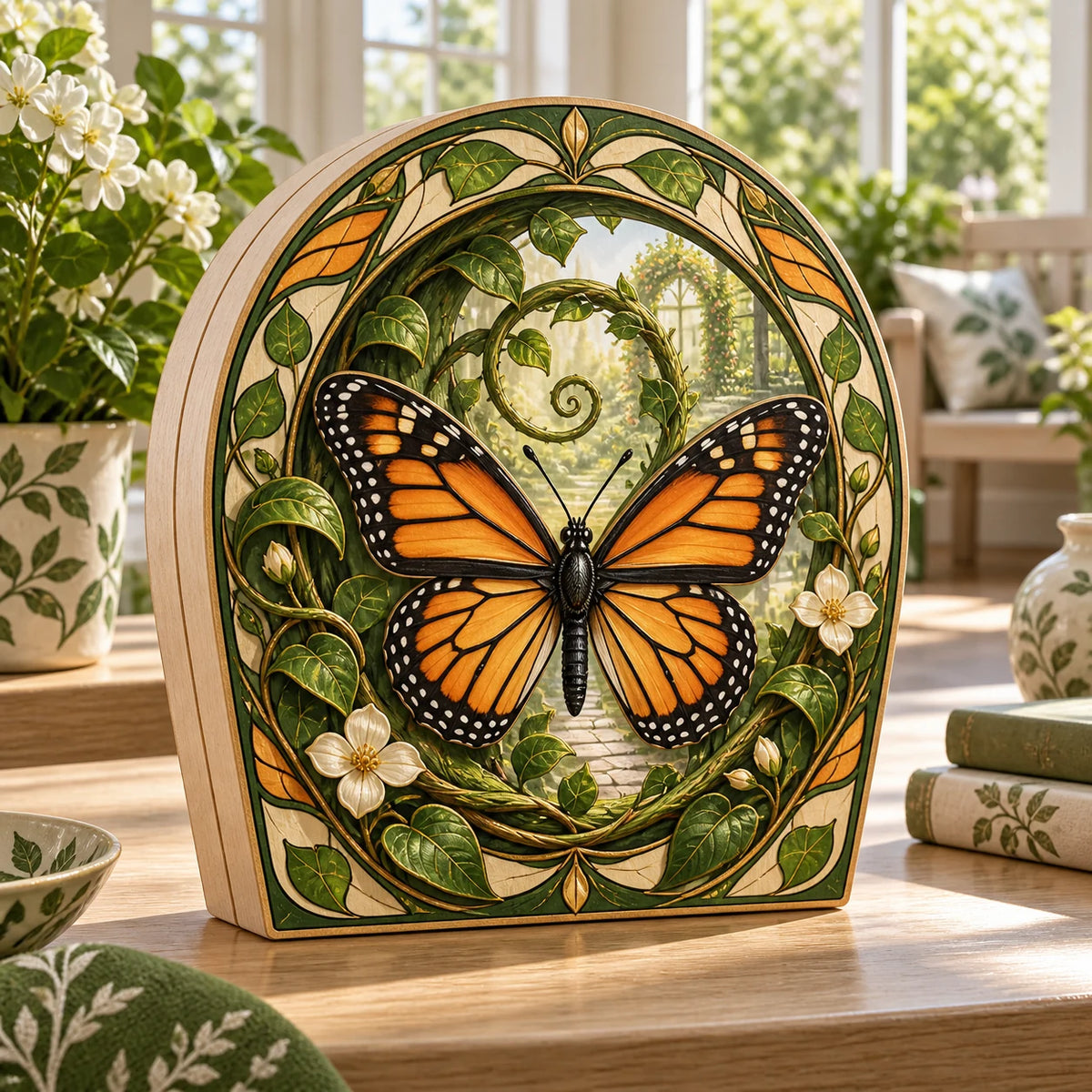 Monarch Butterfly Vine Spiral Wooden Block 3 Layer with printed 3D depth in a matching botanical setting