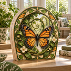 Monarch Butterfly Vine Spiral Wooden Block 3 Layer with printed 3D depth in a matching botanical setting