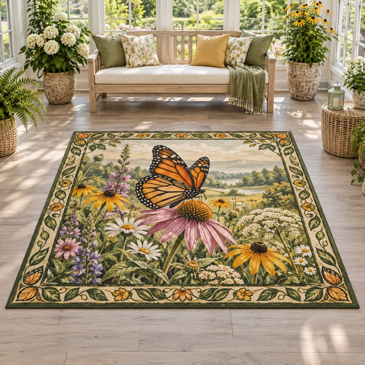Monarch Butterfly Wildflower Landing Area Rug with dimensional printed nature artwork and a coordinated border
