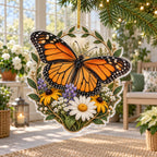 Monarch Butterfly Wildflower Landing Christmas Ornament with dimensional printed nature artwork and a coordinated border