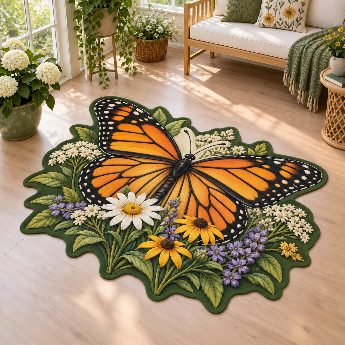 Monarch Butterfly Wildflower Landing Custom Shape Area Rug with dimensional printed nature artwork and a coordinated border