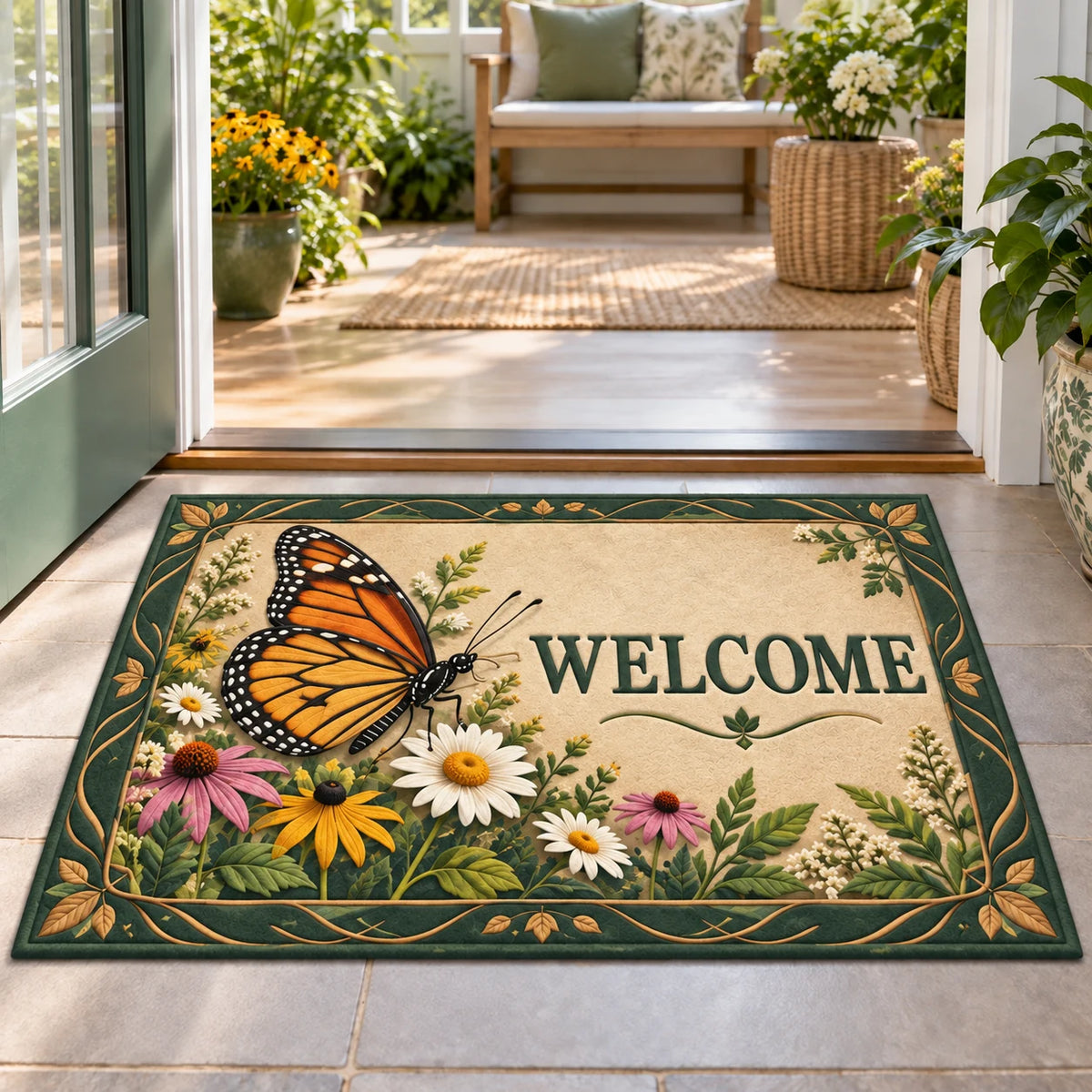 Monarch Butterfly Wildflower Landing Doormat with dimensional printed nature artwork and a coordinated border