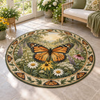Monarch Butterfly Wildflower Landing Round Mat Rug with dimensional printed details and a matching nature-inspired border