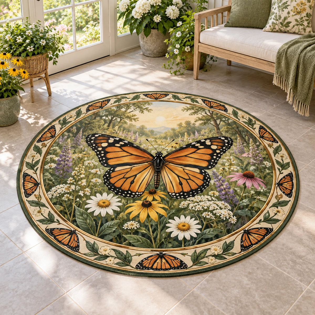 Monarch Butterfly Wildflower Landing Round Mat Rug with dimensional printed details and a matching nature-inspired border