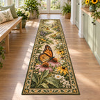 Monarch Butterfly Wildflower Landing Runner Rug with dimensional printed nature artwork and a coordinated border