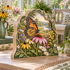Monarch Butterfly Wildflower Landing Wooden Block 3 Layer with dimensional printed nature artwork and a coordinated border