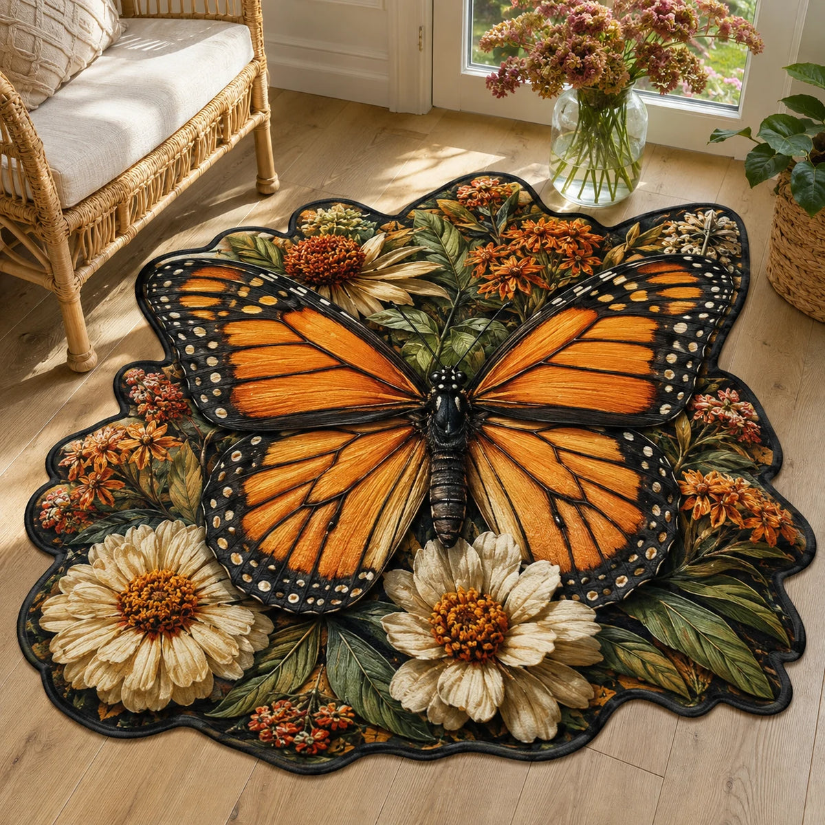 Monarch Wildflower Silhouette custom shape area rug with a dimensional printed design in a butterfly garden setting