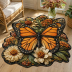 Monarch Wildflower Silhouette custom shape area rug with a dimensional printed design in a butterfly garden setting