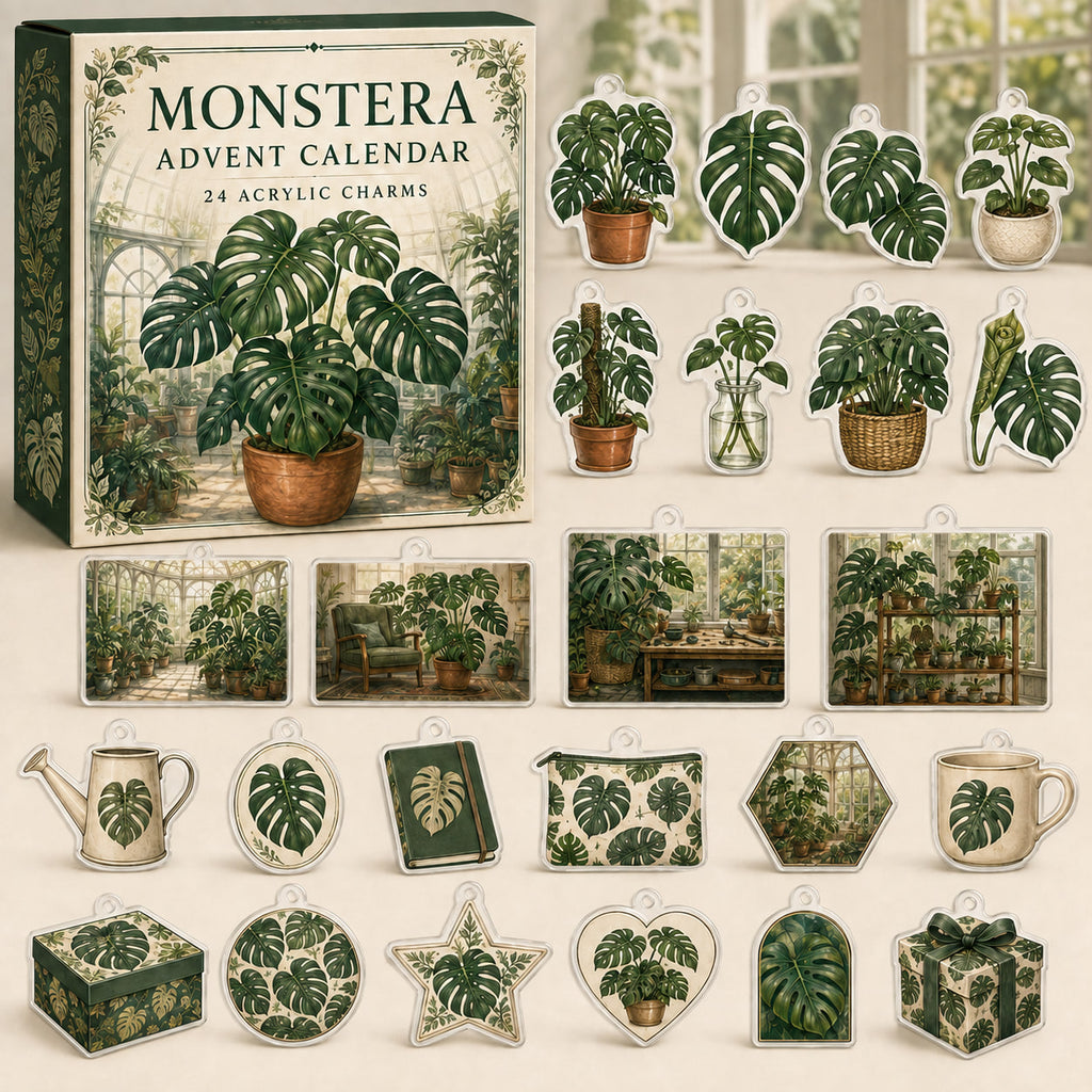 Monstera advent calendar box and24 botanical-themed printed acrylic charms