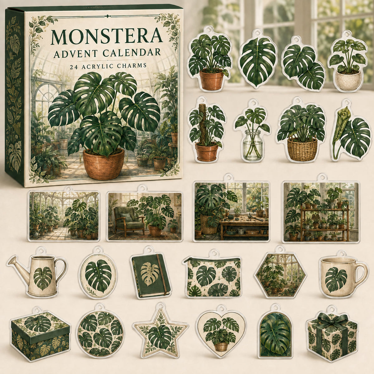 Monstera advent calendar box and24 botanical-themed printed acrylic charms