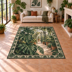 Monstera Arched Greenhouse Area Rug with split Monstera leaves before a receding greenhouse arch and botanical framing