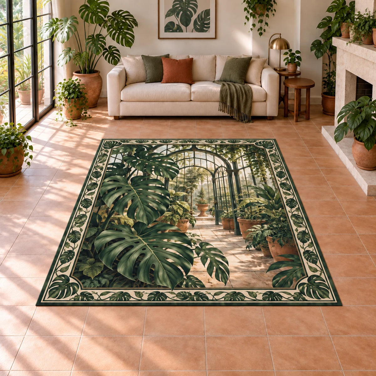 Monstera Arched Greenhouse Area Rug with split Monstera leaves before a receding greenhouse arch and botanical framing