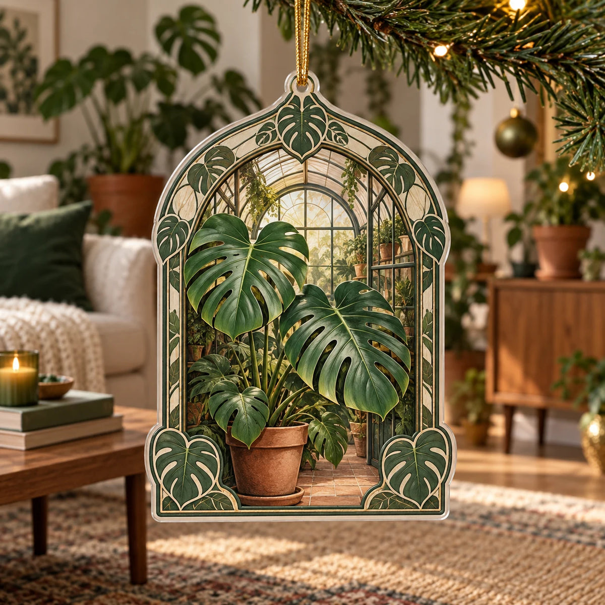 Monstera Greenhouse Christmas Ornament with split Monstera leaves before a receding greenhouse arch and botanical framing