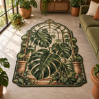 Monstera Greenhouse Custom Shape Rug showing Monstera leaves and a recessed greenhouse arch