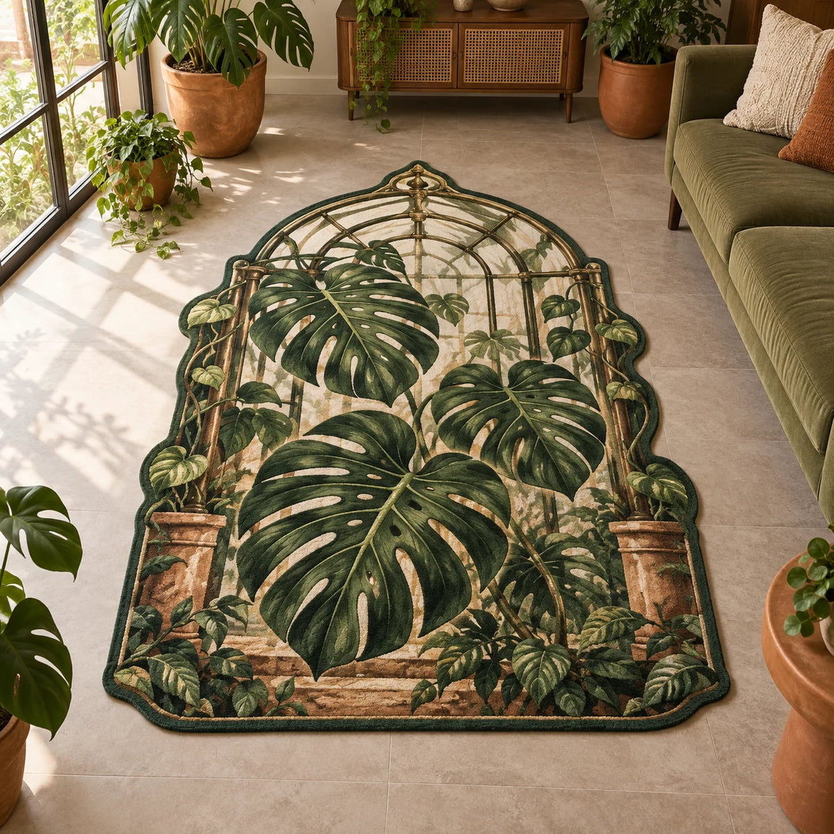 Monstera Greenhouse Custom Shape Rug showing Monstera leaves and a recessed greenhouse arch