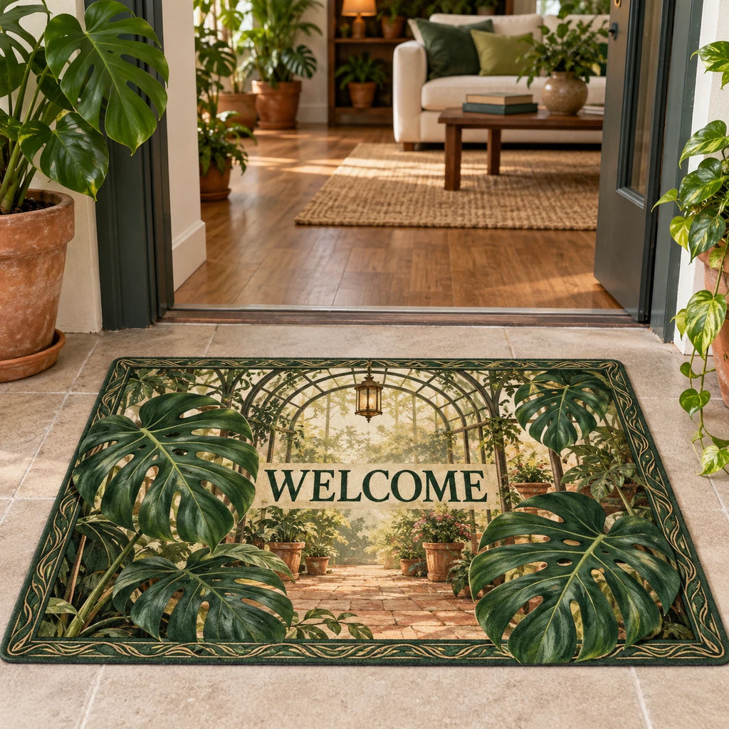 Monstera Greenhouse Welcome Doormat with split Monstera leaves before a receding greenhouse arch and botanical framing