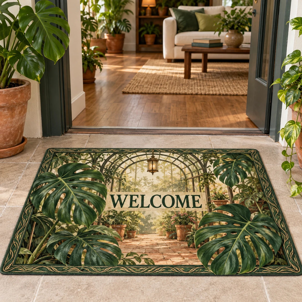 Monstera Greenhouse Welcome Doormat with split Monstera leaves before a receding greenhouse arch and botanical framing
